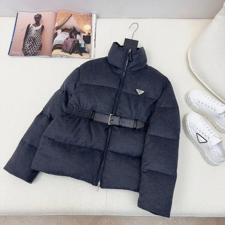 Prada Down Jackets Belted stand-collar puffer jacket — Black