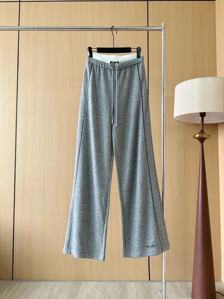Miu Trousers Wide-Leg Drawstring with Contrast Piping — gray