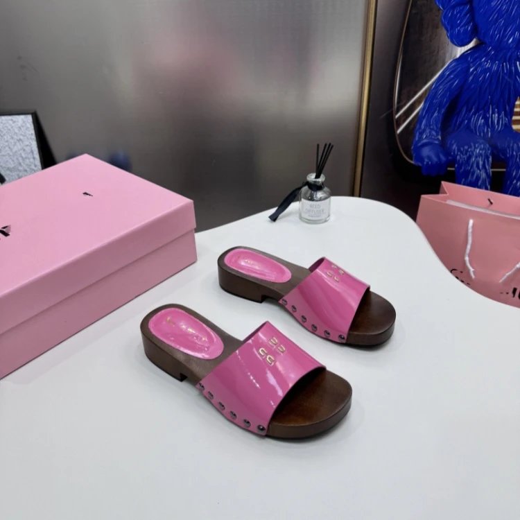 Miu Sandals Wooden Sole Studded Slide — SKU-07-Pink