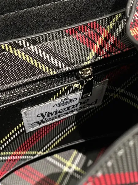 Vivienne Westwood Tartan Plaid Backpack with Orb Buckle Black Red Multicolor - 7