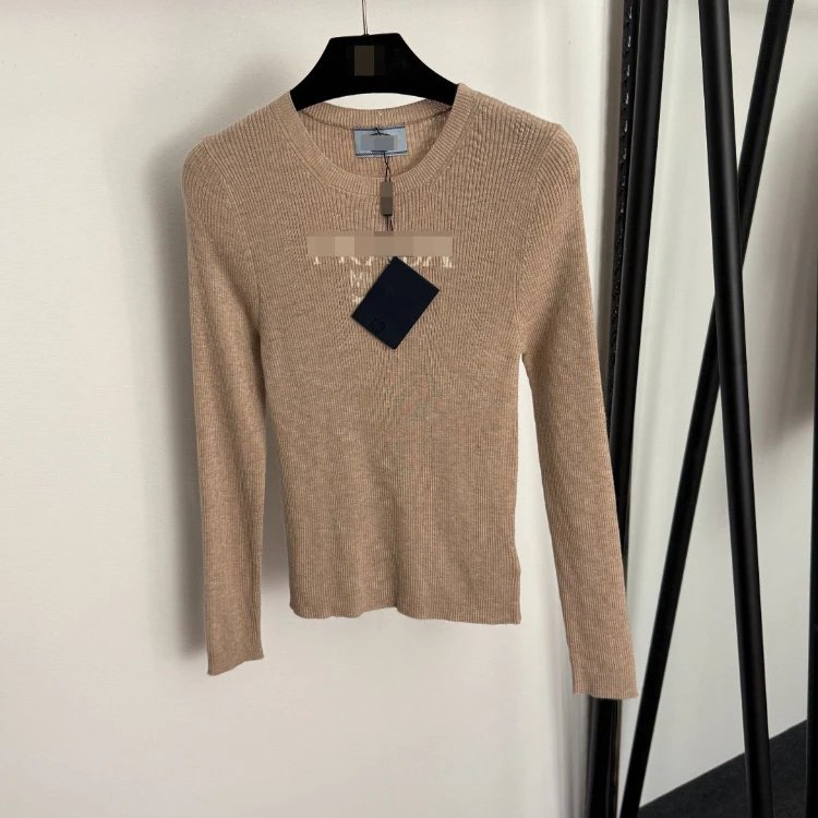 Prada Knitwear Ribbed crew-neck long-sleeve logo knit top — Khaki