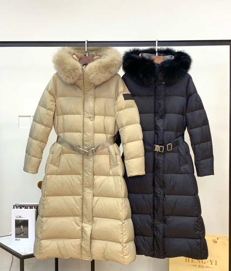 Long Horizontal Channel Quilted Fur Collar Down Coat