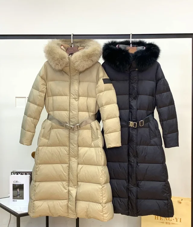 Unbranded Down Jackets Long belted hooded puffer with fur-trim hood product detail image 1