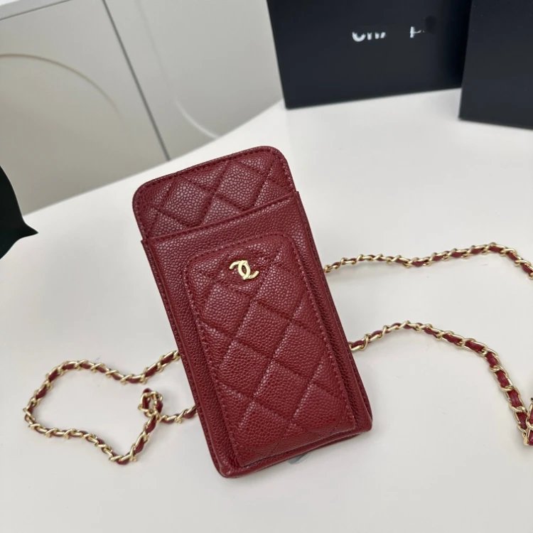 Chanel Phone Holder Chain Bag Burgundy Caviar Leather Crossbody Bags