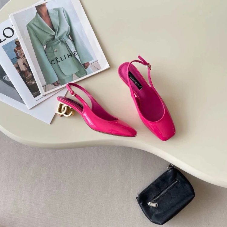 Dolce & Gabbana High Heels Square-Toe Patent Slingback Logo-Heel Pumps — Rose red