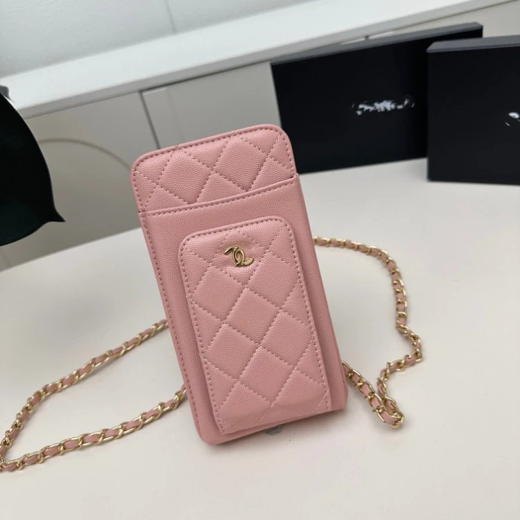 Chanel Phone Holder Crossbody Bag Pink Quilted Lambskin