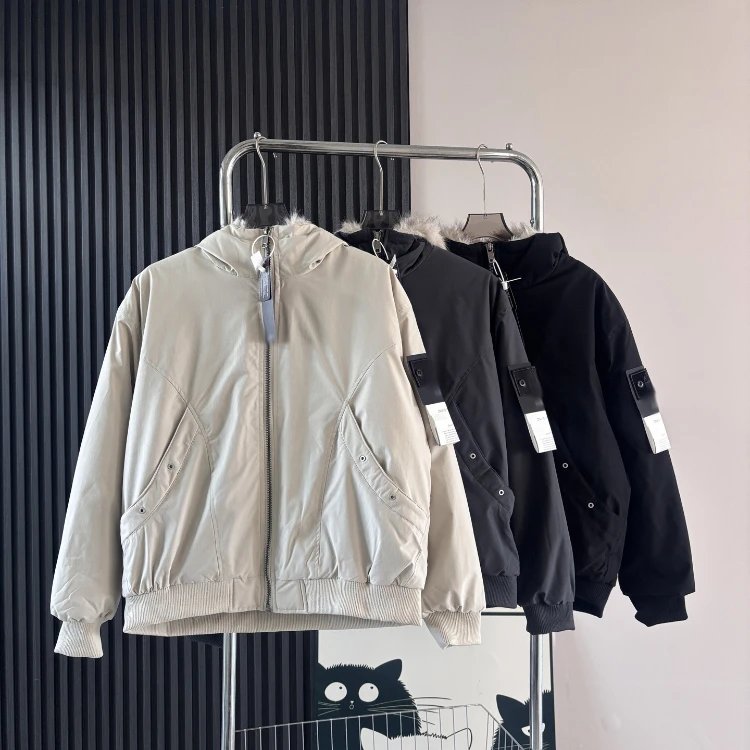 Stone Island Faux Fur Trim Hooded Bomber Down Jacket