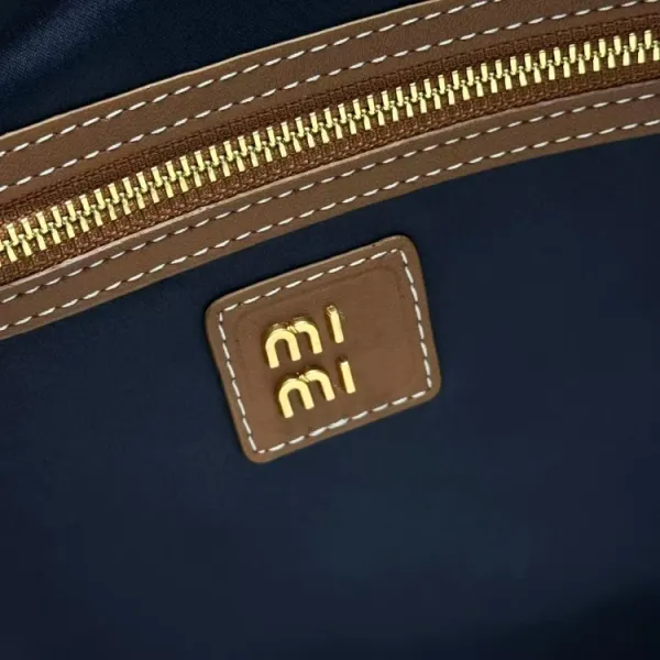 Miu Miu Logo-Embossed Denim Tote Bag Black with Tan Leather Trim - 6
