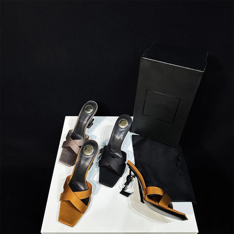 Yves Saint Laurent High Heels Square-Toe Crossover Mule with YSL Logo Heel image 2