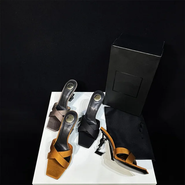 Yves Saint Laurent High Heels Square-Toe Crossover Mule with YSL Logo Heel product detail image 2