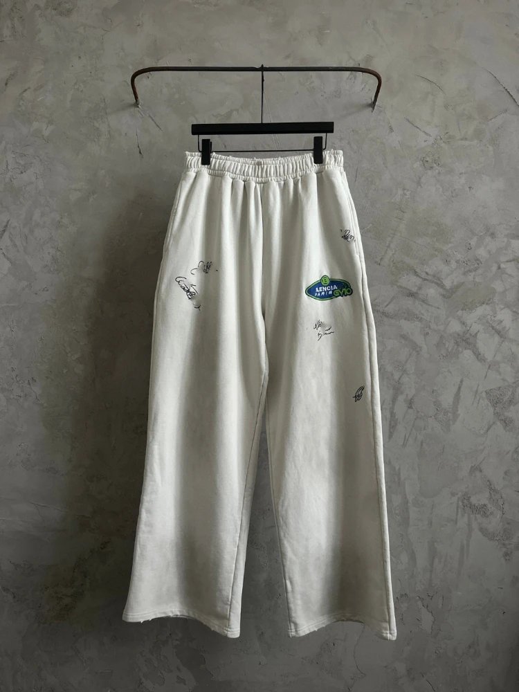 Unbranded Trousers Elastic-Waist Wide-Leg Embroidered Sweatpants — Off-white