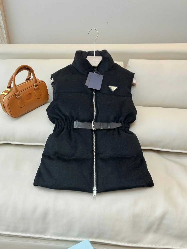 Prada Vests Belted stand-collar quilted puffer vest — Black