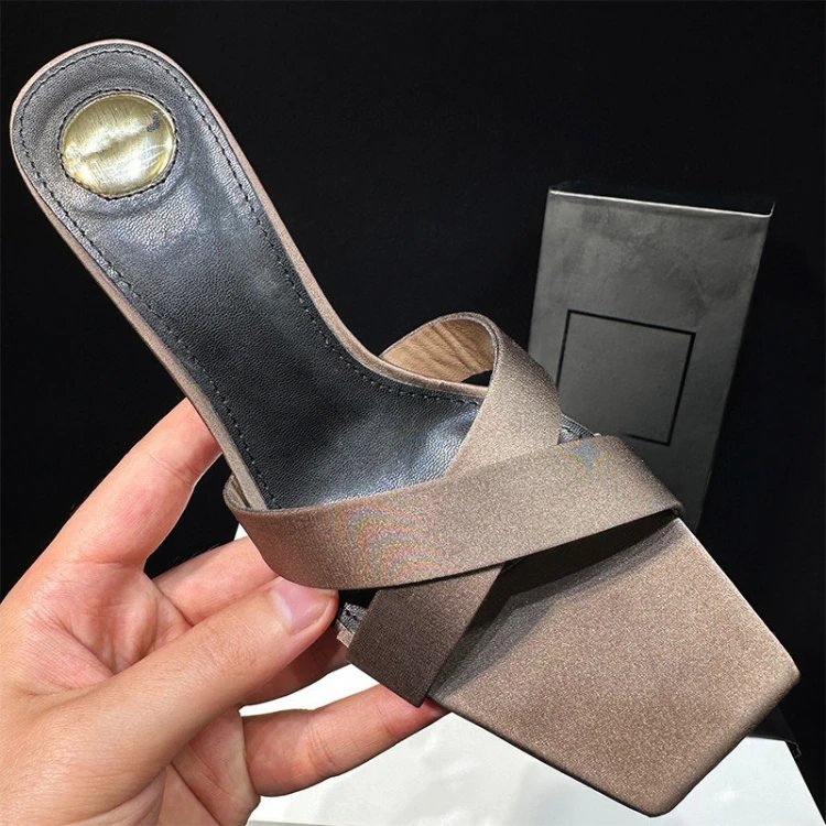 Yves Saint Laurent High Heels Square-Toe Crossover Mule with YSL Logo Heel — SKU-05-Gunmetal-Black Foot Pad