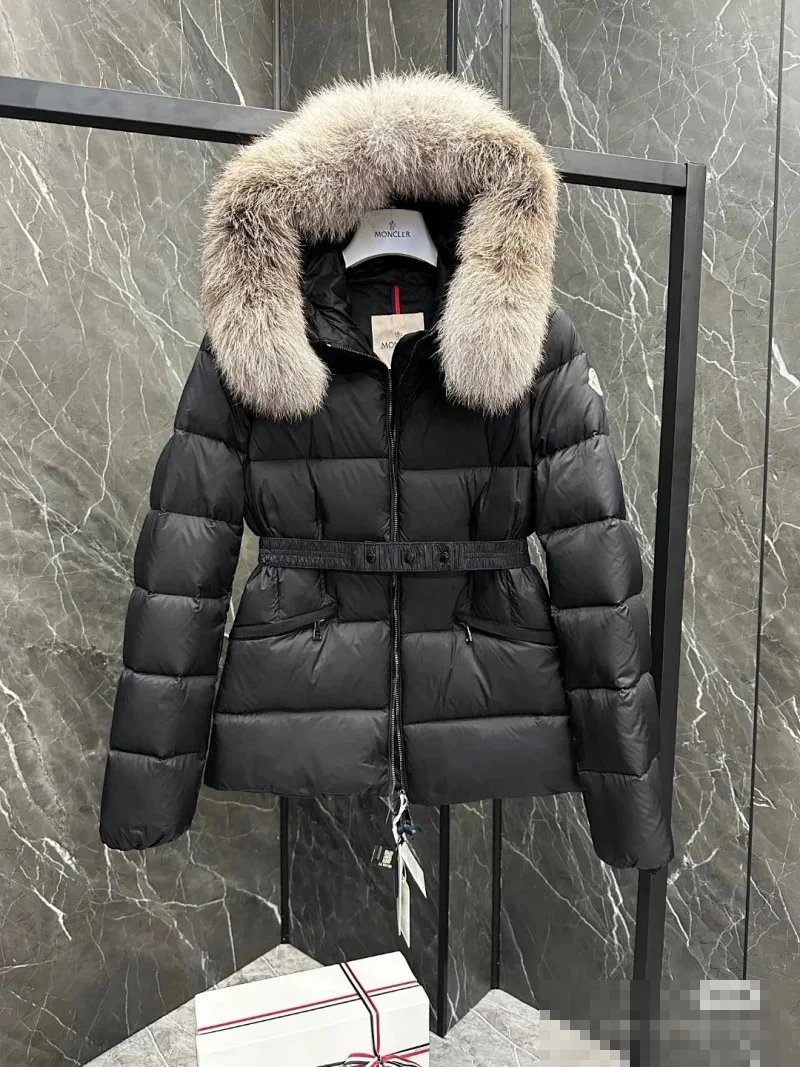 Moncler Down Jackets Fur-Trim Hooded Belted Puffer Jacket image 3