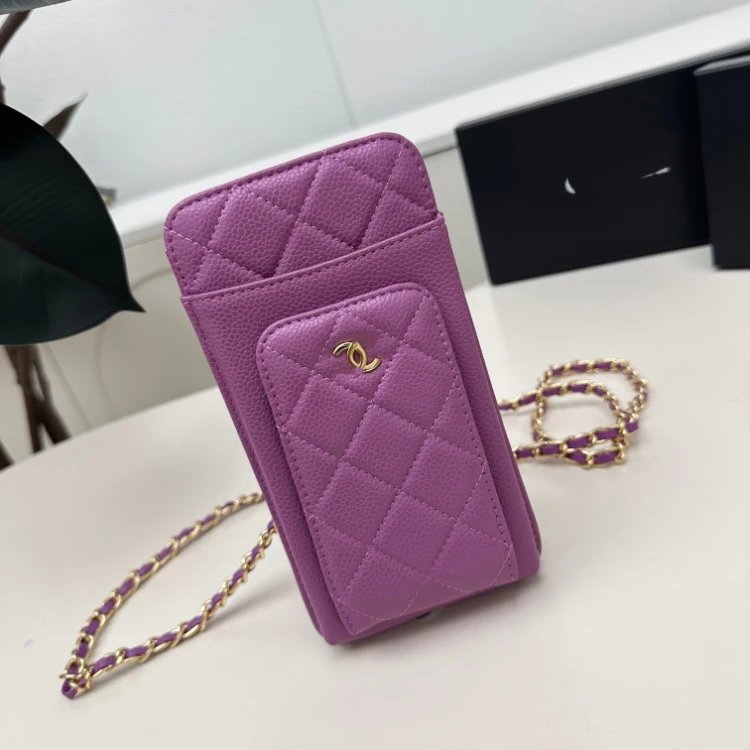 Chanel Phone Holder Crossbody Bag Purple Quilted Caviar Leather