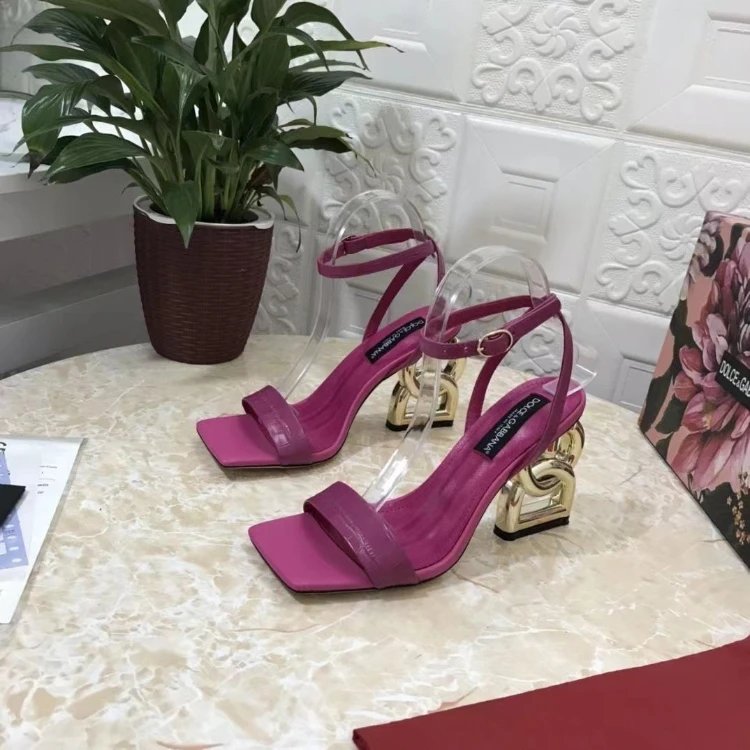 Dolce & Gabbana High Heels Square-Toe Ankle-Strap Sandals with Sculptural Logo — 11