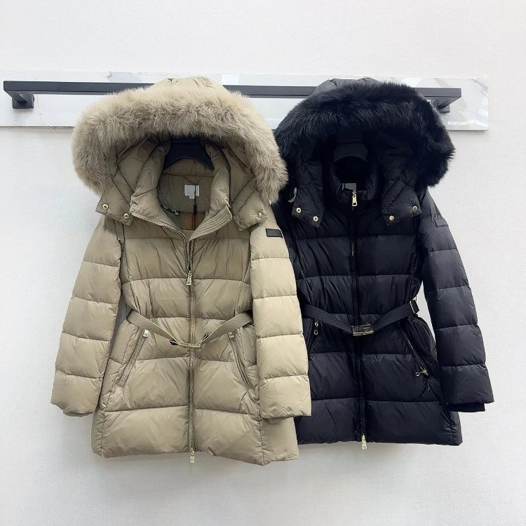 Belted Fox Fur Hood Mid-Length Down Parka