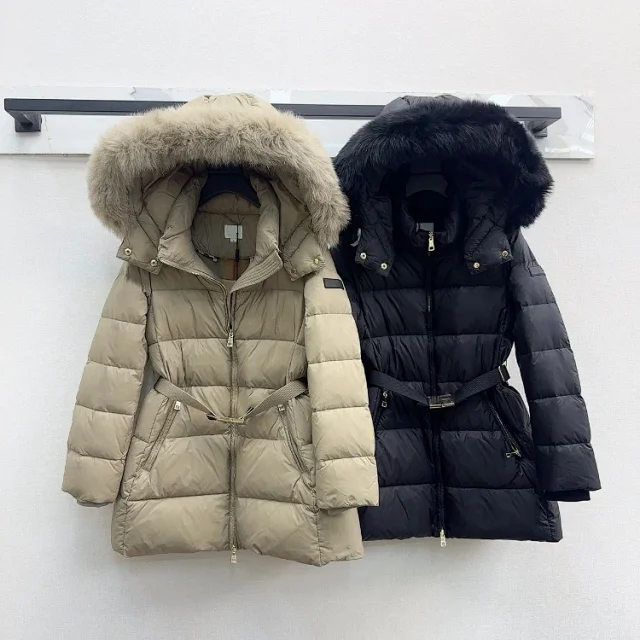Unbranded Down Jackets Belted long puffer with fur-trim hood product detail image 1