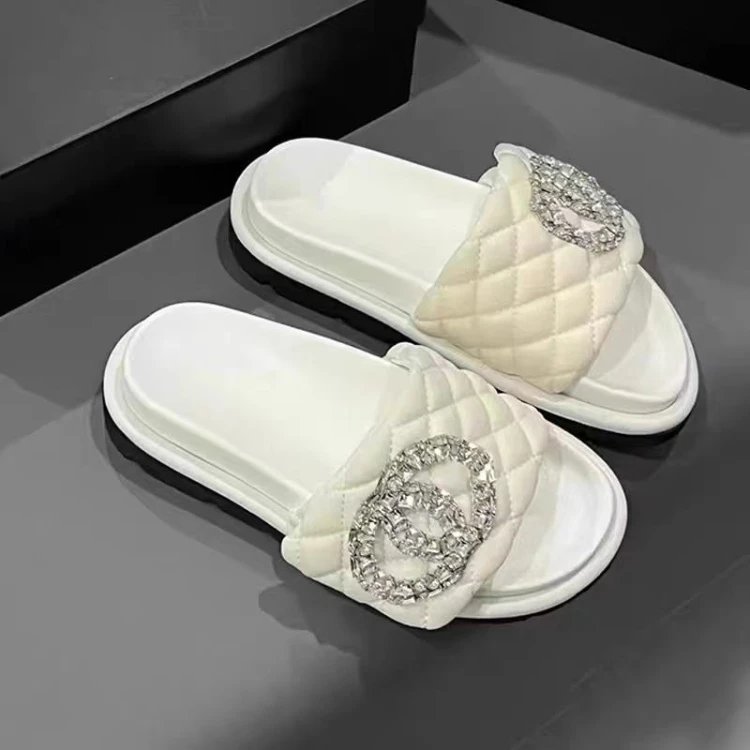 Chanel Sandals Quilted rhinestone double-C slide — SKU-02-White