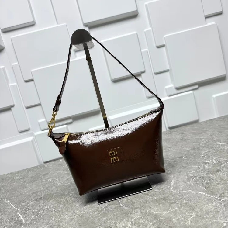 Design Mini Shoulder Bag Brown Patent Leather Underarm Bag