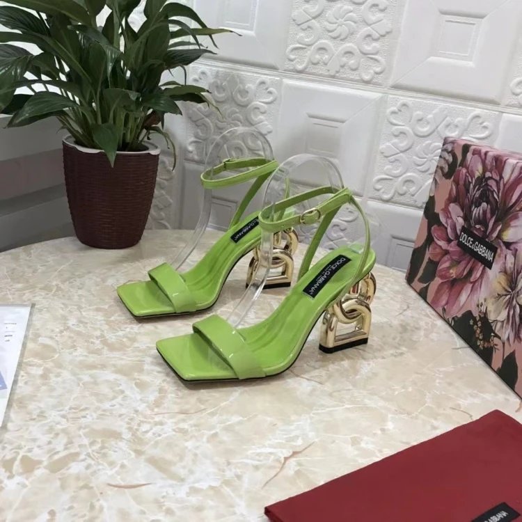 Dolce & Gabbana High Heels Square-Toe Ankle-Strap Sandals with Sculptural Logo — 09