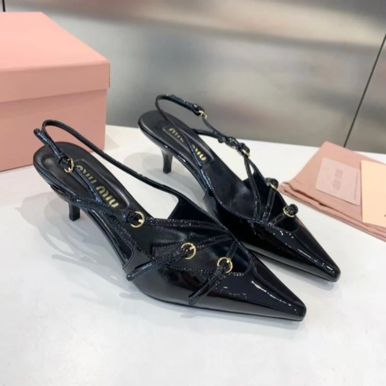 Miu High Heels Pointed-Toe Strappy Slingback Pumps — SKU-01-Black 6cm