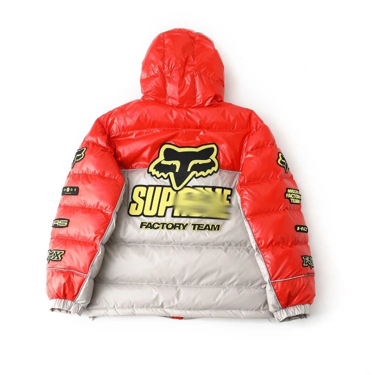 Fox Down Jackets Shiny Hooded Logo-Patch Puffer Jacket — Red
