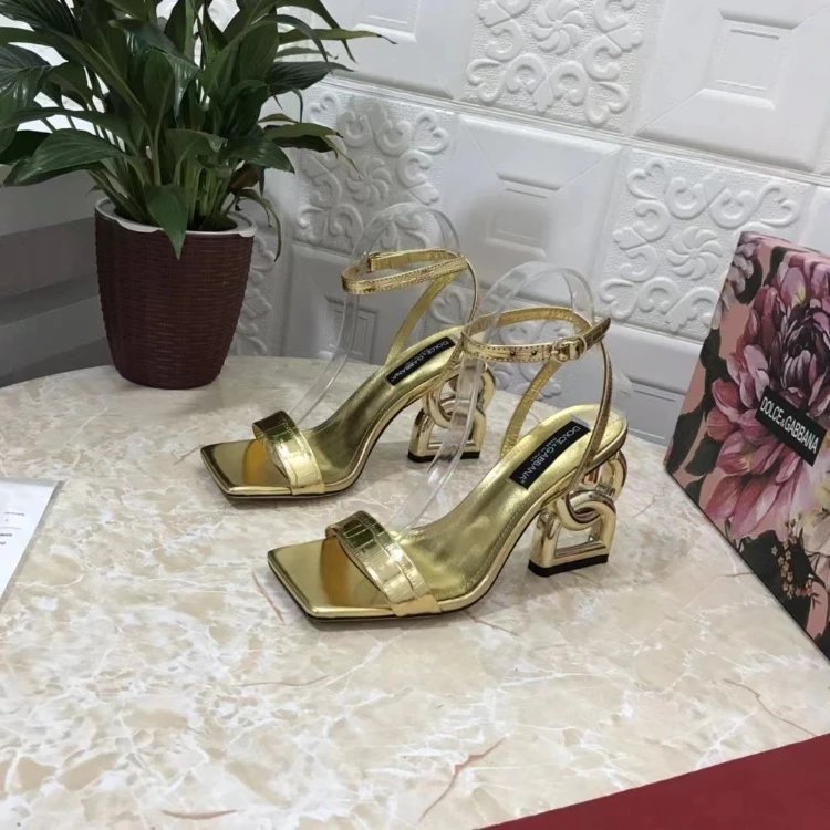 Dolce & Gabbana High Heels Square-Toe Ankle-Strap Sandals with Sculptural Logo — 06