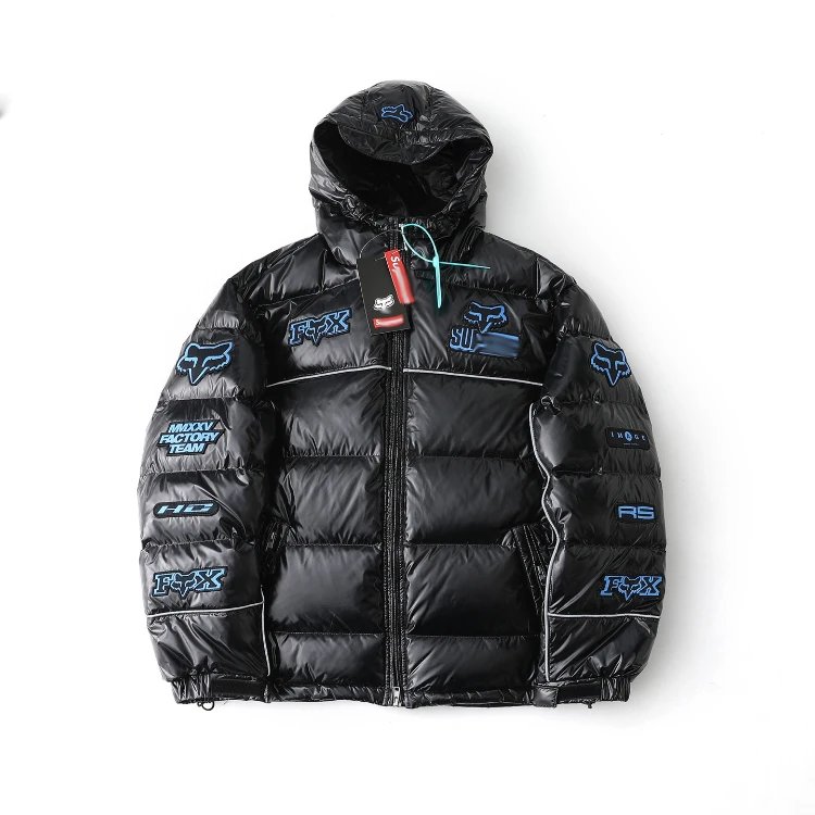 Fox Down Jackets Shiny Hooded Logo-Patch Puffer Jacket — Black