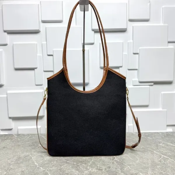 Miu Miu Logo-Embossed Denim Tote Bag Black with Tan Leather Trim - 5