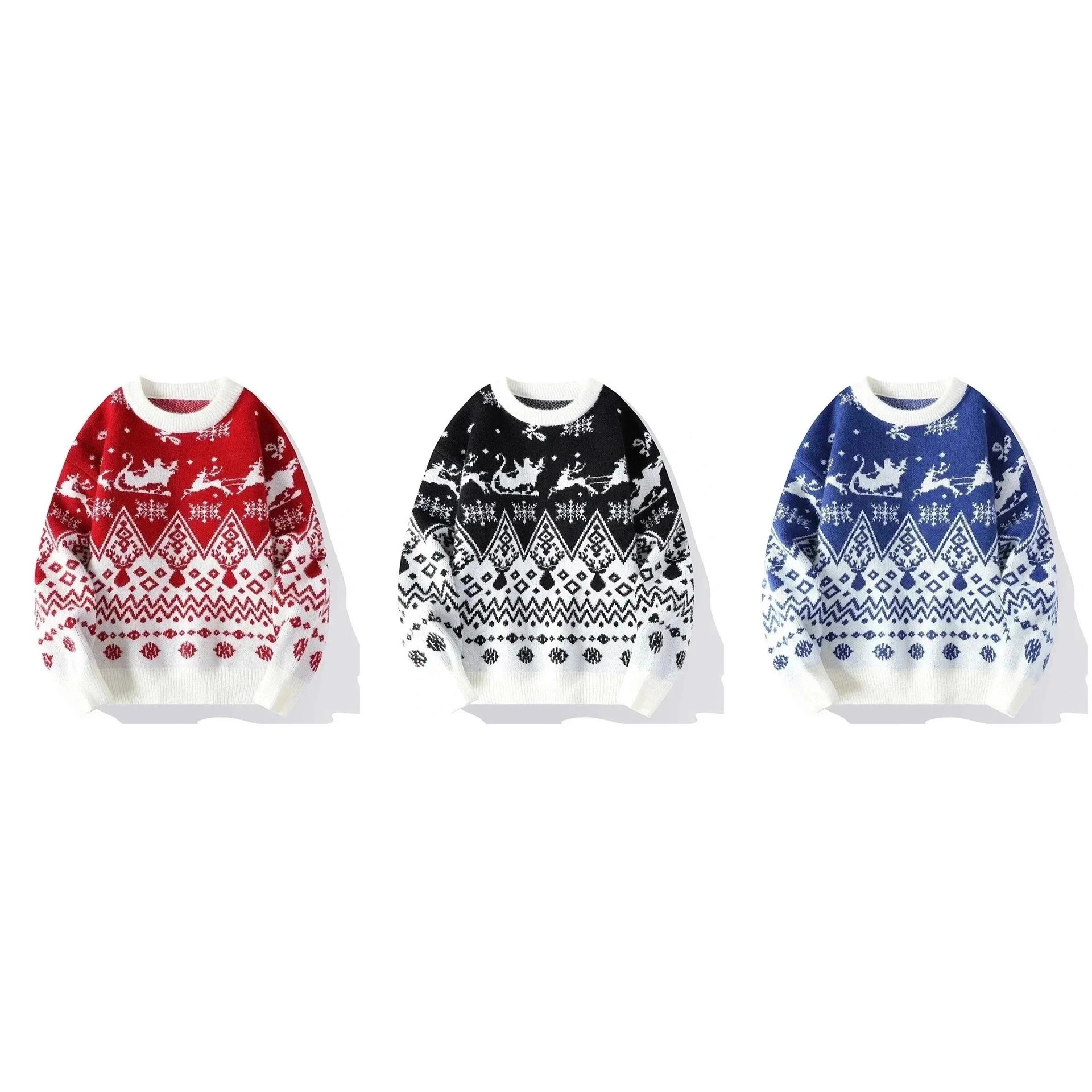 Christmas Deer Pattern Knit Sweater in Red, Black, and Blue