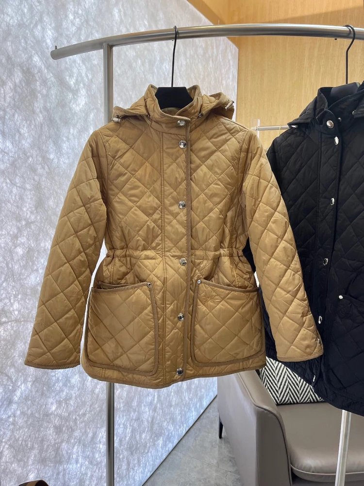Unbranded Jackets Hooded diamond-quilted padded jacket with drawstring waist and patch pockets — Khaki