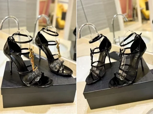 Saint Laurent High Heels Open-Toe Ankle-Strap Stiletto Sandals with YSL Logo Hardware product detail image 1