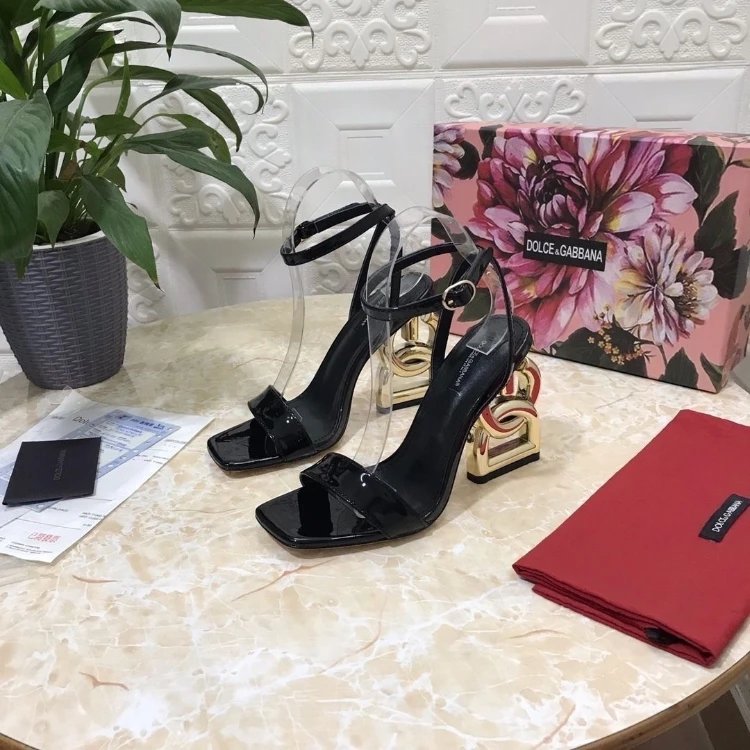 Dolce & Gabbana High Heels Square-Toe Ankle-Strap Sandals with Sculptural Logo — 01