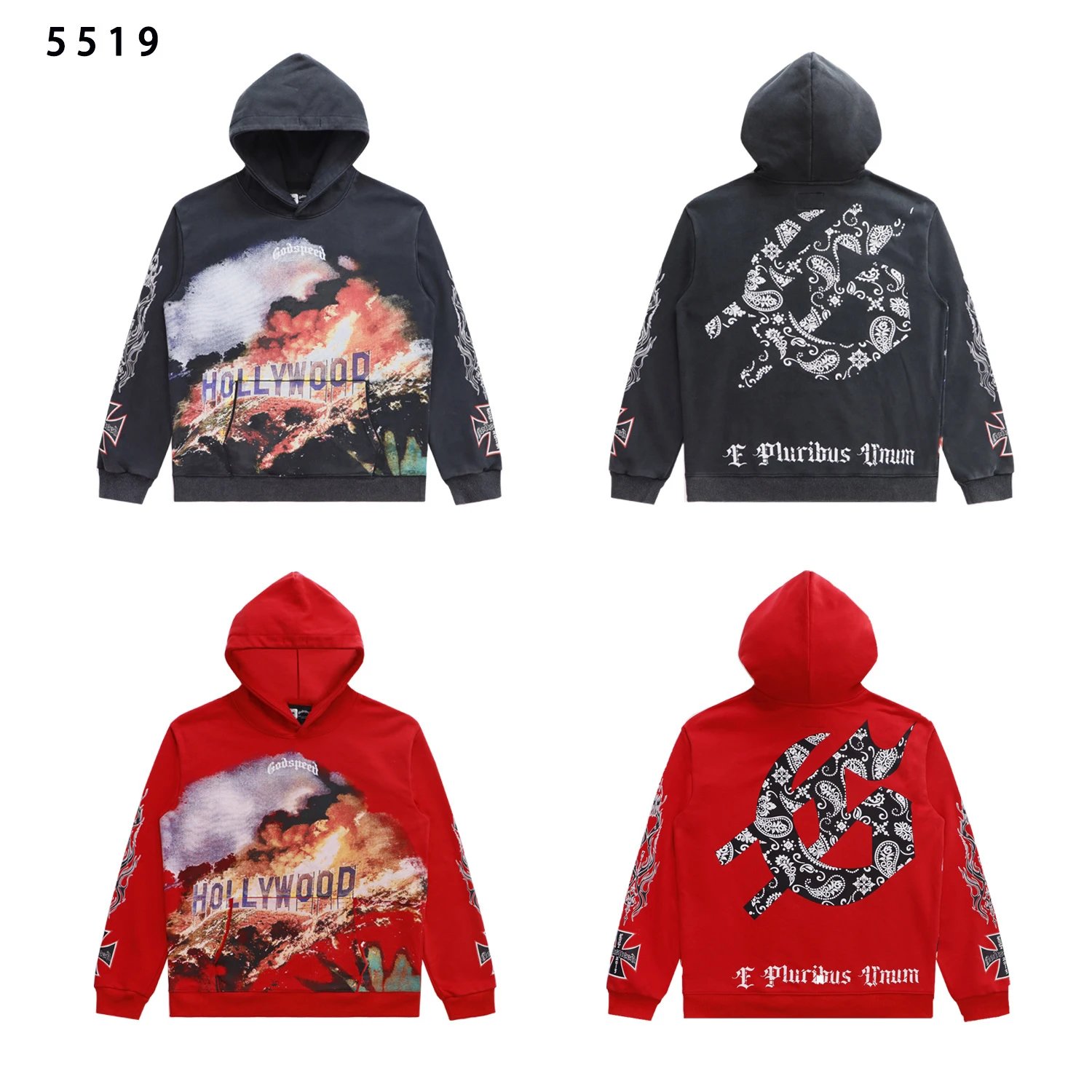 Godspeed Hollywood Mountain Fire Print Washed Vintage Hoodie