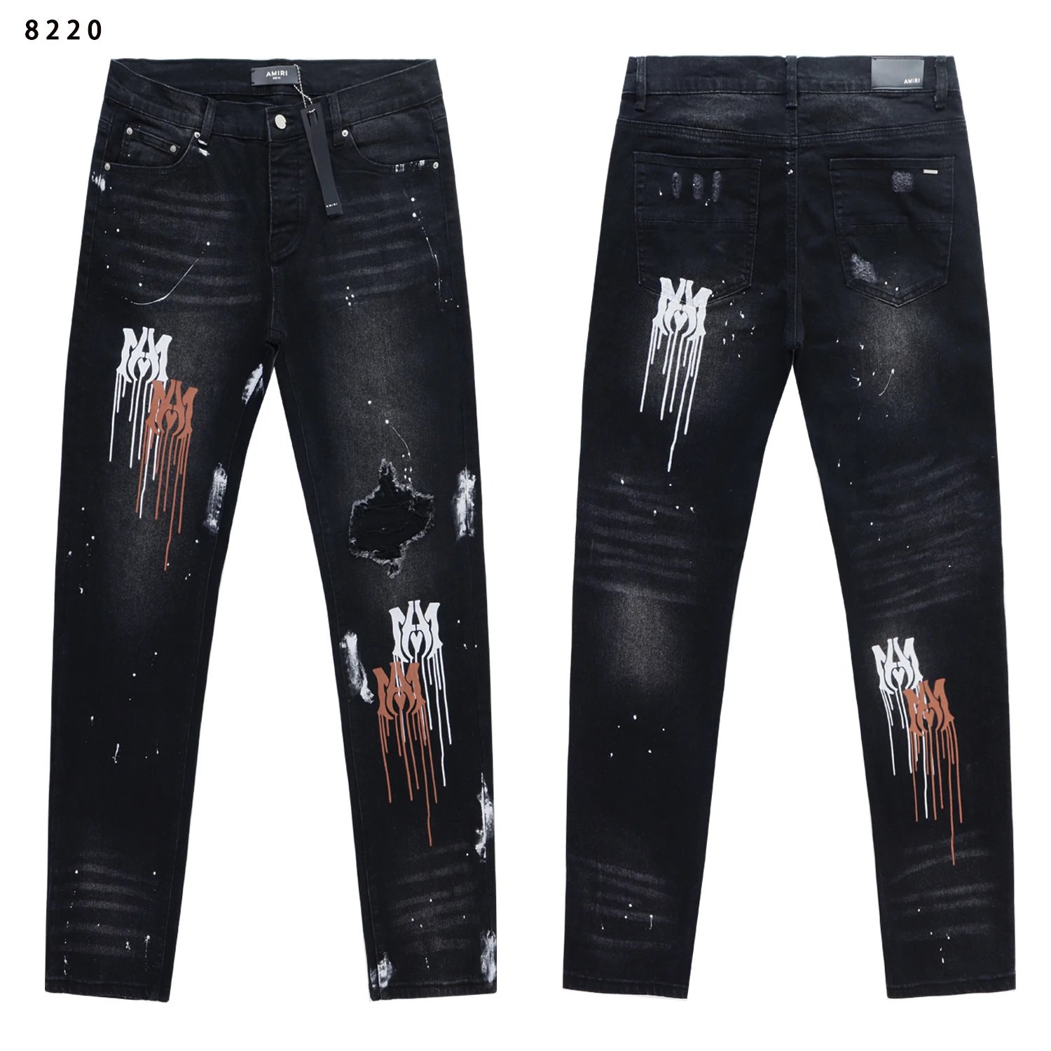 Amiri Jeans Paint-Splatter Distressed Slim-Fit — 8220 washed black