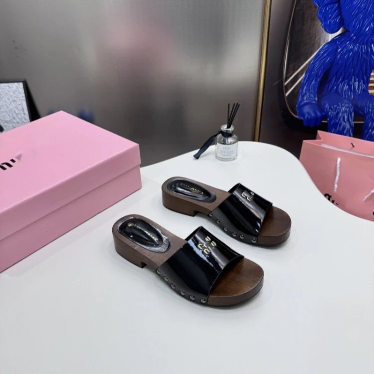 Miu Sandals Wooden Sole Studded Slide — SKU-06-Black