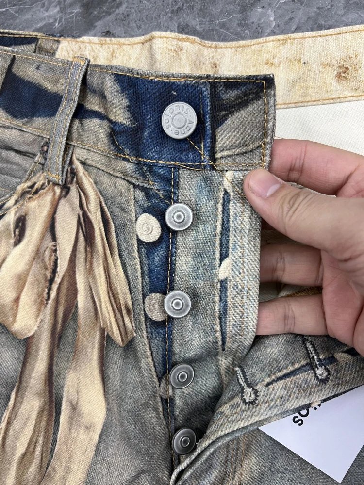 Denim Patchwork Bear Embroidery Greenish Blue Baggy Jeans