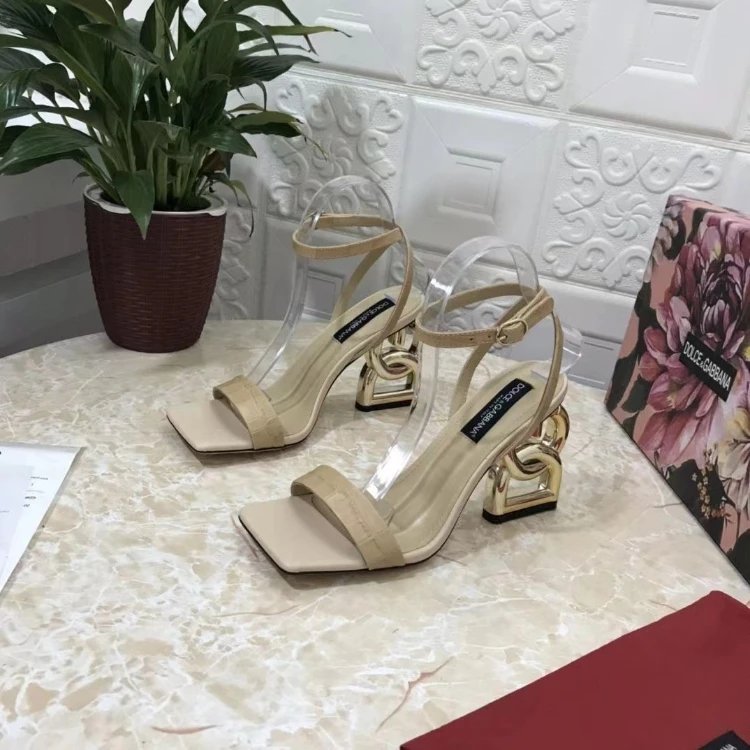 Dolce & Gabbana High Heels Square-Toe Ankle-Strap Sandals with Sculptural Logo — 10