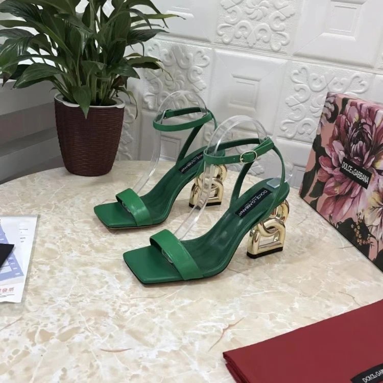 Dolce & Gabbana High Heels Square-Toe Ankle-Strap Sandals with Sculptural Logo — 08