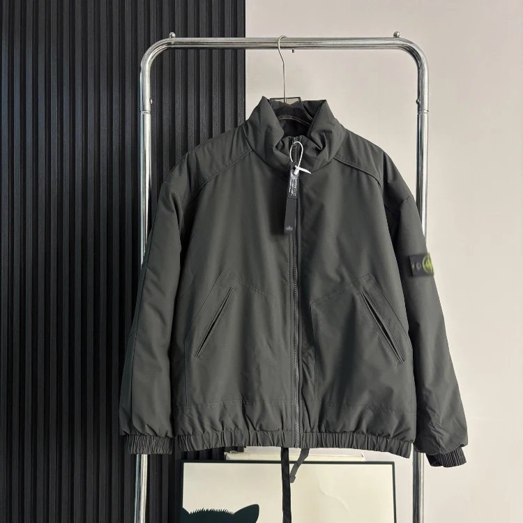 Stone Island Jackets Stand Collar Padded Jacket with Compass Sleeve Patch — SKU-02-34 gray
