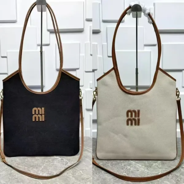Miu Miu Logo-Embossed Denim Tote Bag Black with Tan Leather Trim - 2