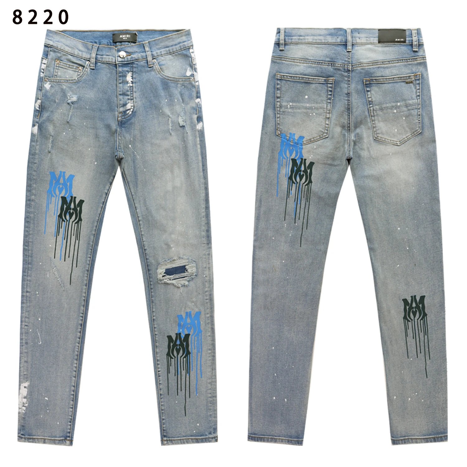 Amiri Jeans Paint-Splatter Distressed Slim-Fit — 8220 Denim Blue