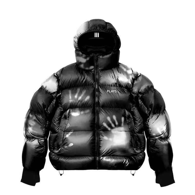 PLAYS CLO Down Jackets 5127 Hooded Printed Puffer Jacket — Black and white