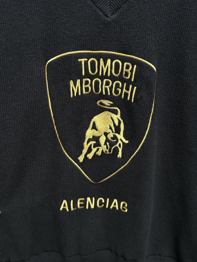 Balenciaga Tomobi Mborghi Shield Logo V-Neck Hooded Sweater Navy - 4