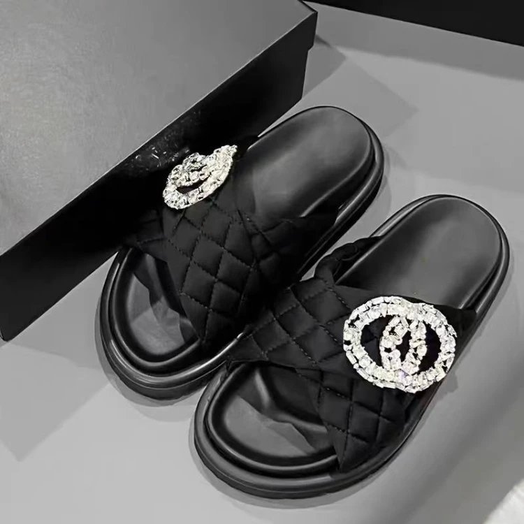 Chanel Sandals Quilted rhinestone double-C slide — SKU-03-Black Crossed