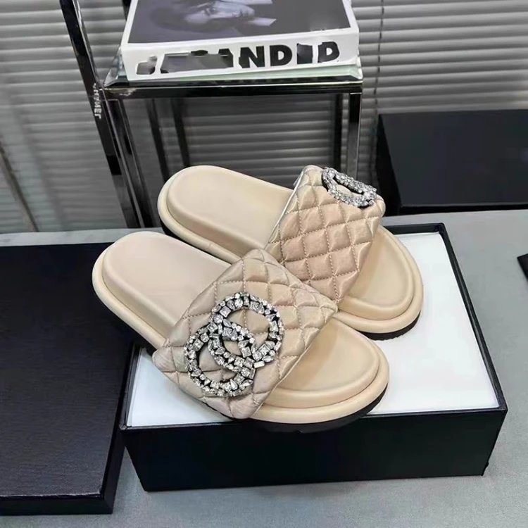 Chanel Sandals Quilted rhinestone double-C slide — SKU-07-Apricot Color