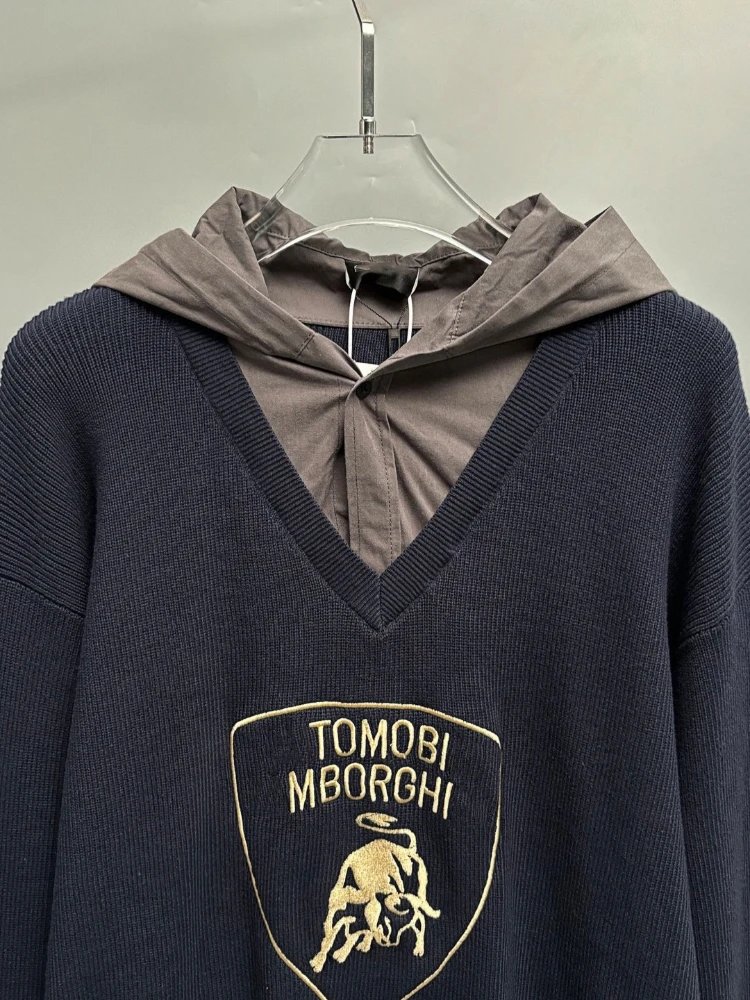 Balenciaga Tomobi Mborghi Shield Logo V-Neck Hooded Sweater Navy - 3