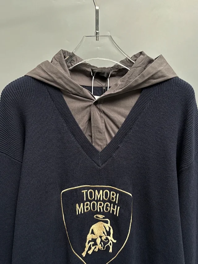 Unbranded Knitwear V-Neck Faux-Layered Hooded Knit Sweater product detail image 3