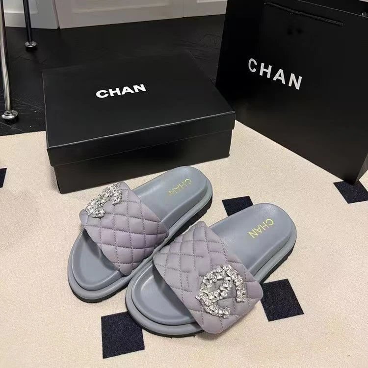 Chanel Sandals Quilted rhinestone double-C slide — SKU-05-Grey